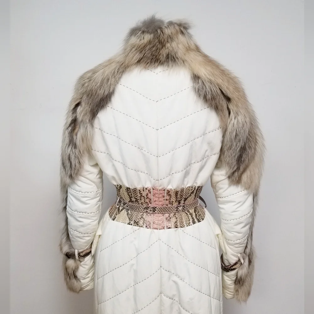 $2395 MADE IN ITALY Real Fox Fur Trimmed Ivory Coat - Picture 4 of 12